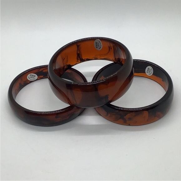 Vintage Set of 3 Large Wide Tortoise Shell Genuine Lucite Bangle Bracelets NEW - Picture 2 of 10
